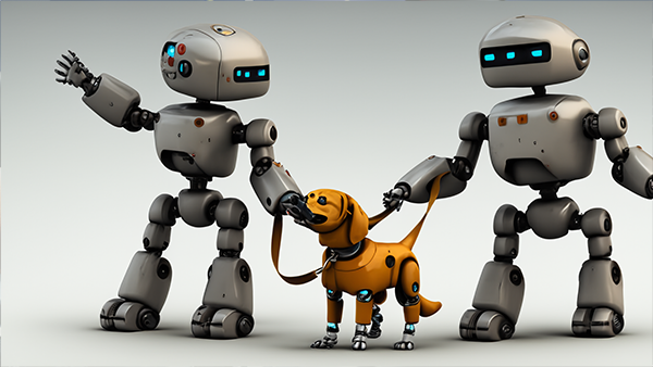 The now defunct musical group, Daft Punk, walking their dog. Two robot humanoids walking their robot dog.
