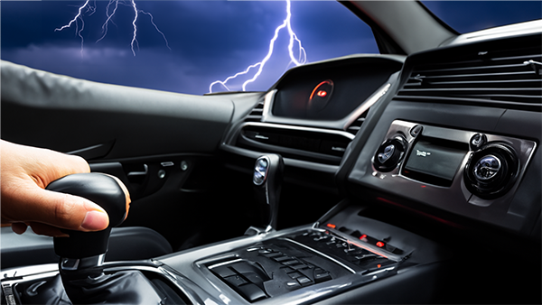 The result of a Photoshop Generative Fill prompt. A person shifting the gear in their car during an intense lightning storm.