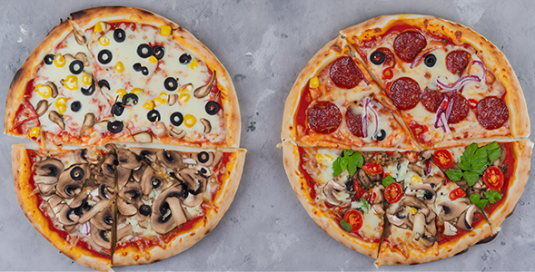 Inconsistent Toppings. Two pizzas with very different toppings on each slice.